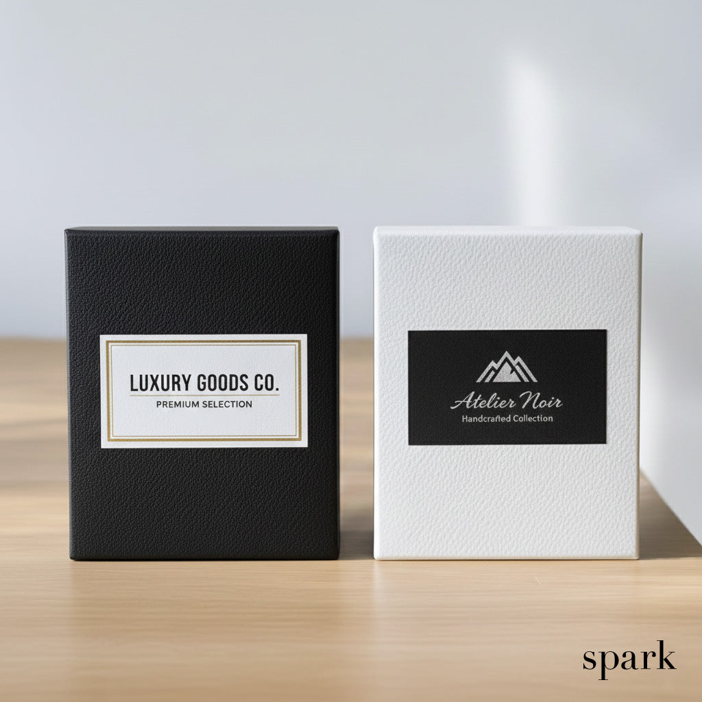 Two branded boxes, one black and one white, on a wooden surface with a neutral background.