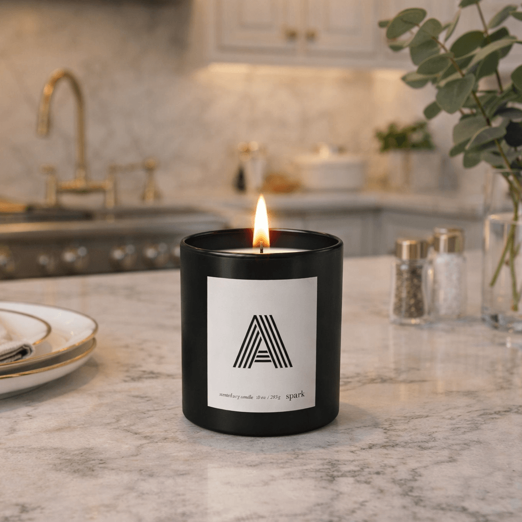Candle with a custom label on a kitchen counter