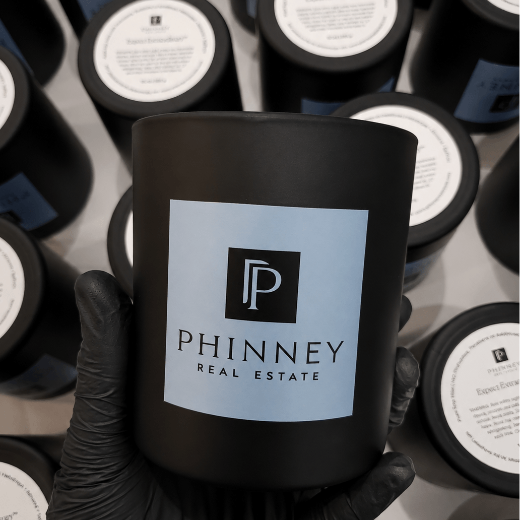 Custom Real Estate Client Party Gift - Branded 10oz Matte Black Glass Candles Custom Label