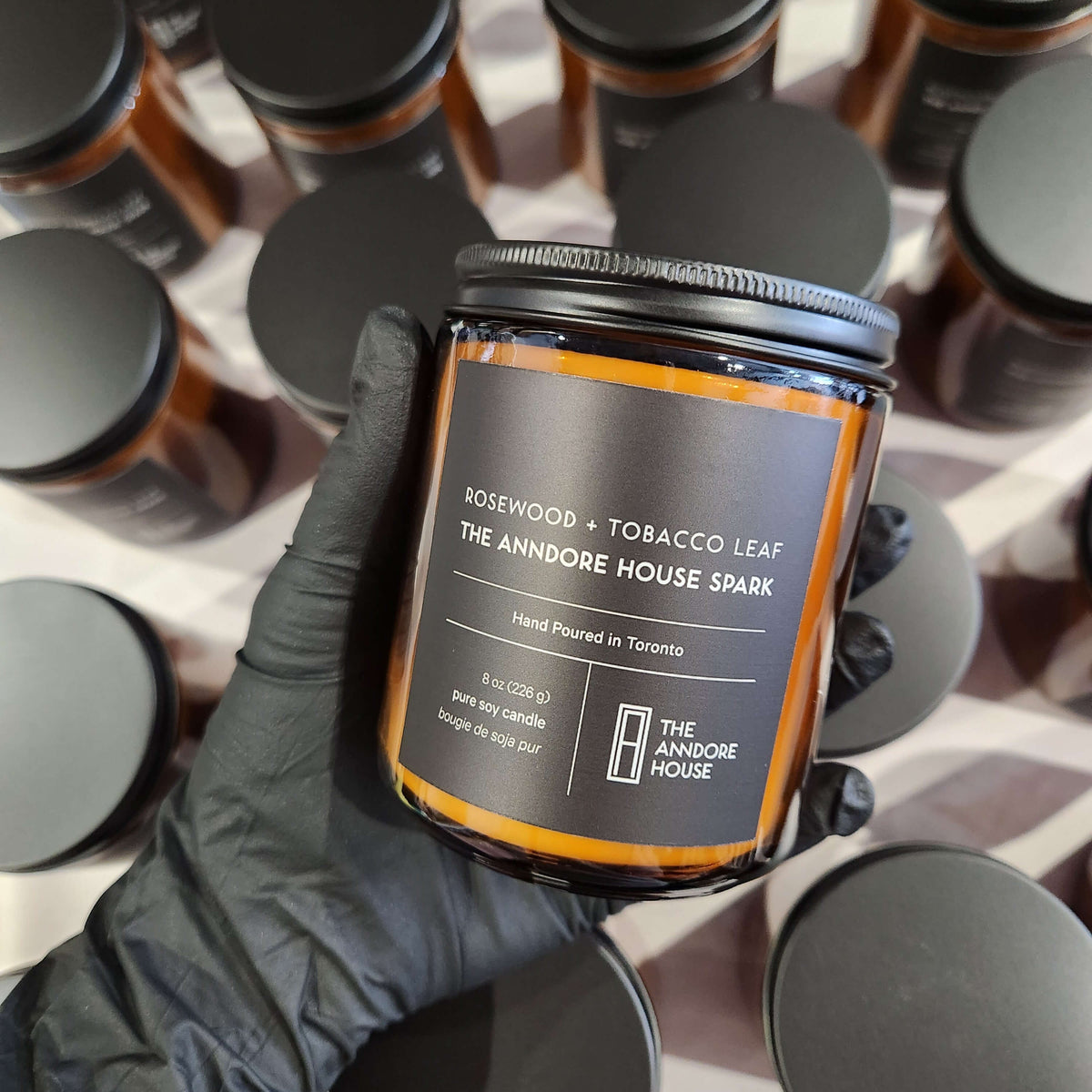 Custom Hotel Candle Collection - 8oz Amber Glass Jar - Black Lid - Black Label