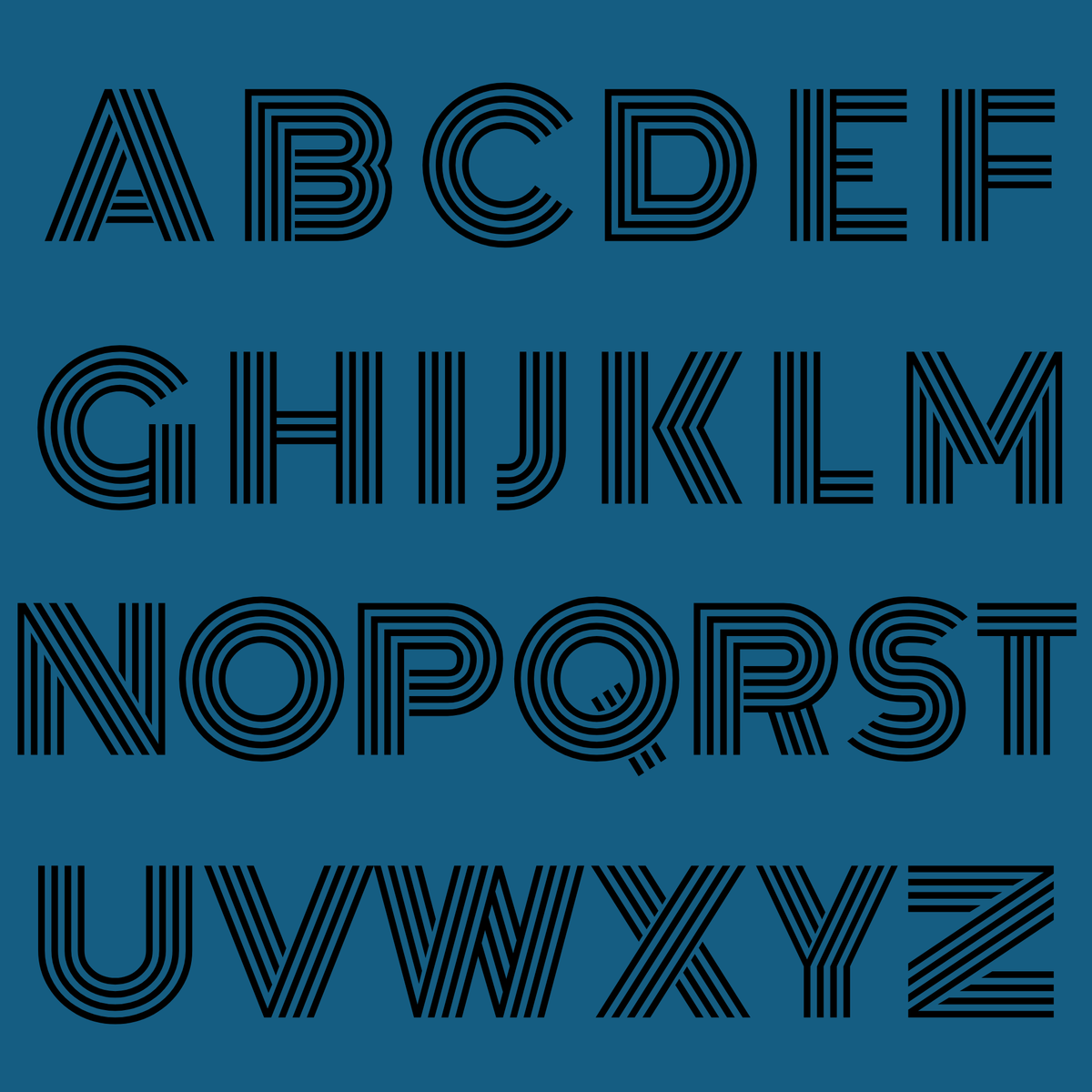 Black alphabet letters on a blue background