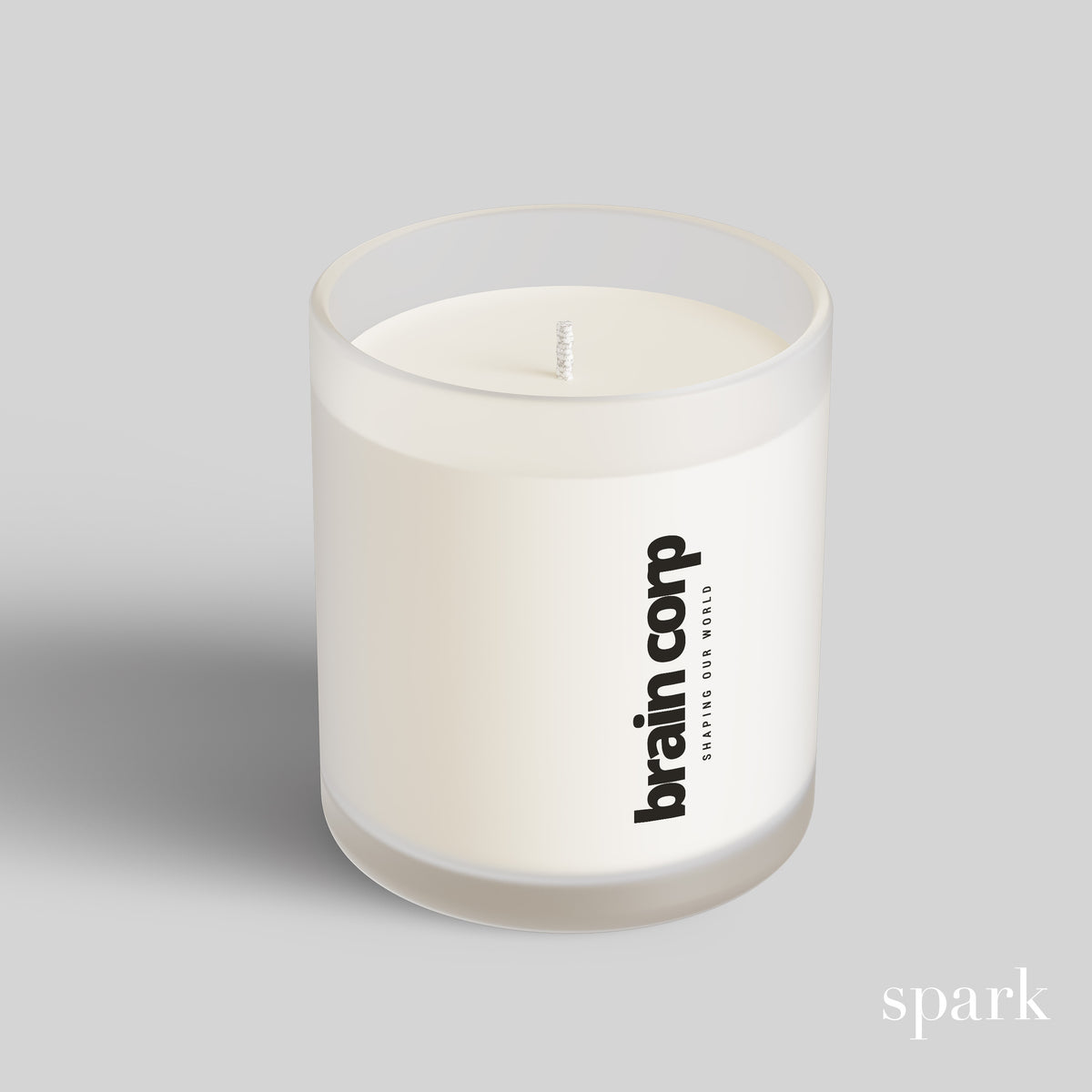 Custom 10oz frosted clear glass candle with logo imprint manufactured for corporate gifting and branded merchandise.